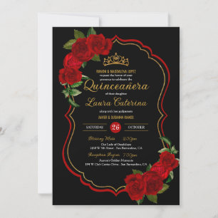 Rote Rosen Schwarz und Gold Elegante Quinceanera Einladung