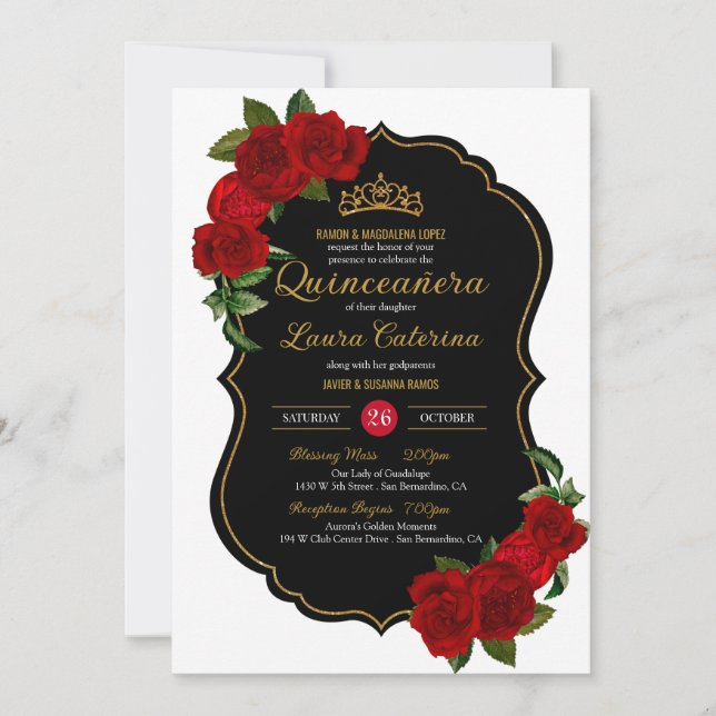 Rote Rosen Schwarz und Gold Elegante Quinceanera Einladung (Vorderseite)