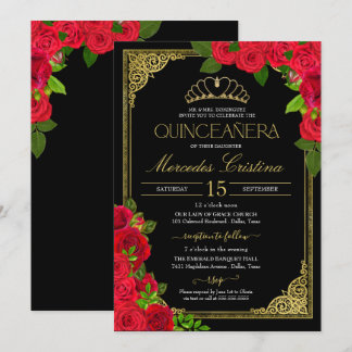 Rote Rosen Schwarz und Gold Elegante Quinceñera In Einladung