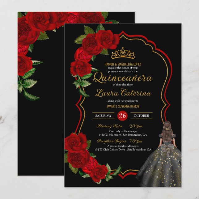 Rote Rosen Schwarz und Gold Elegantes Kleid Quince Einladung (Vorne/Hinten)