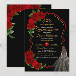 Rote Rosen Schwarz und Gold Elegantes Kleid Quince Einladung