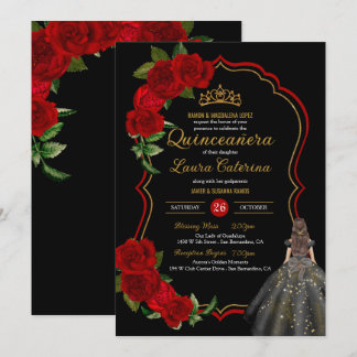 Rote Rosen Schwarz und Gold Elegantes Kleid Quince Einladung