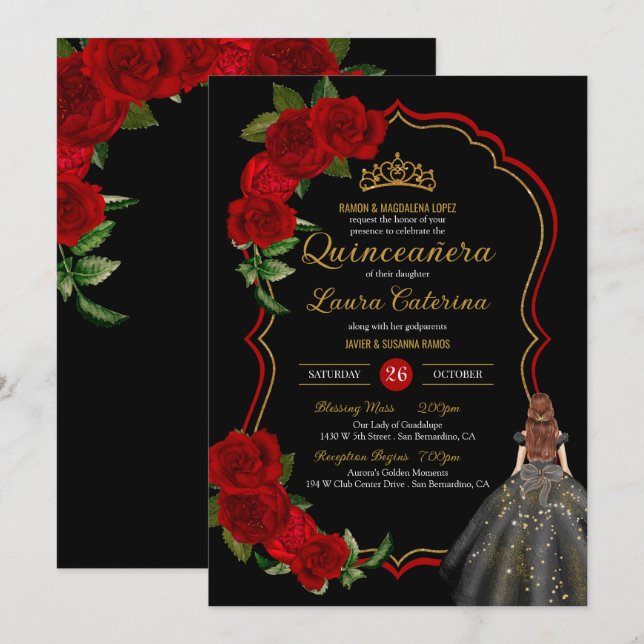 Rote Rosen Schwarz und Gold Elegantes Kleid Quince Einladung (Vorne/Hinten)