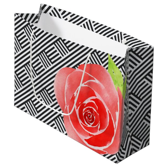 Rote Rosen Schwarz-weiß Streifen Große Geschenktüte (Vorderseite Schrägansicht)