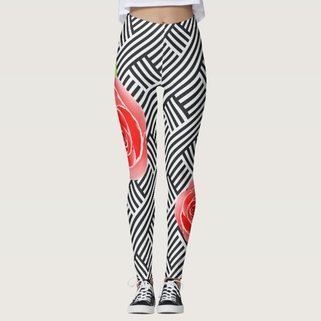Rote Rosen Schwarz-Weiß Streifen Leggings (Vorderseite)