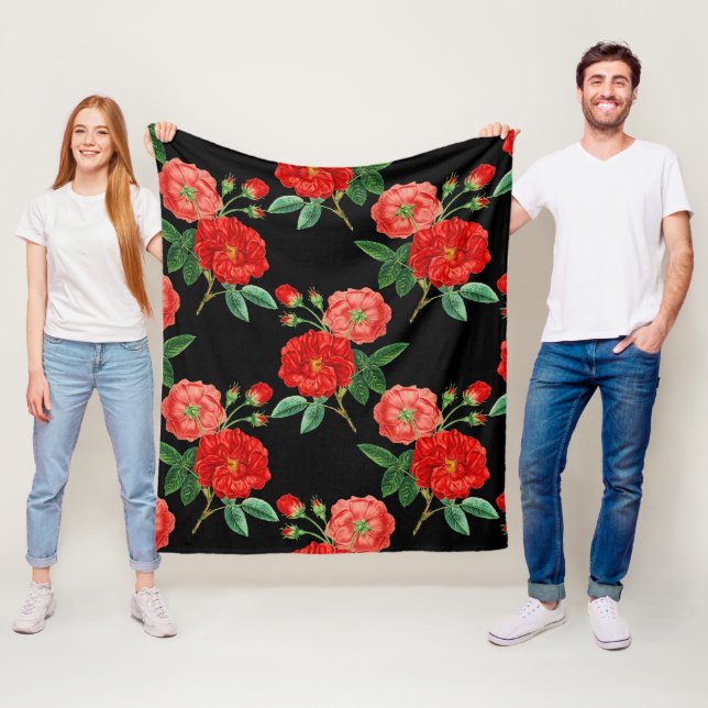 Rote Rosen, schwarzer Hintergrund, Fleecedecke (Beispiel)
