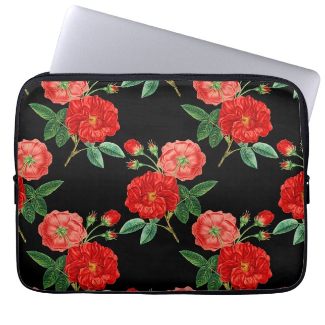 Rote Rosen, schwarzer Hintergrund, Laptopschutzhülle (Vorderseite)