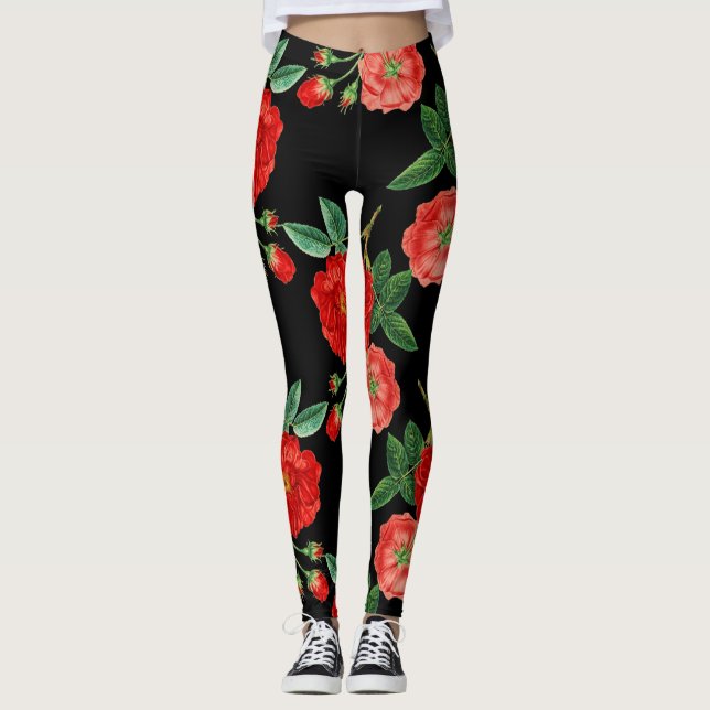 Rote Rosen, schwarzer Hintergrund, Leggings (Vorderseite)