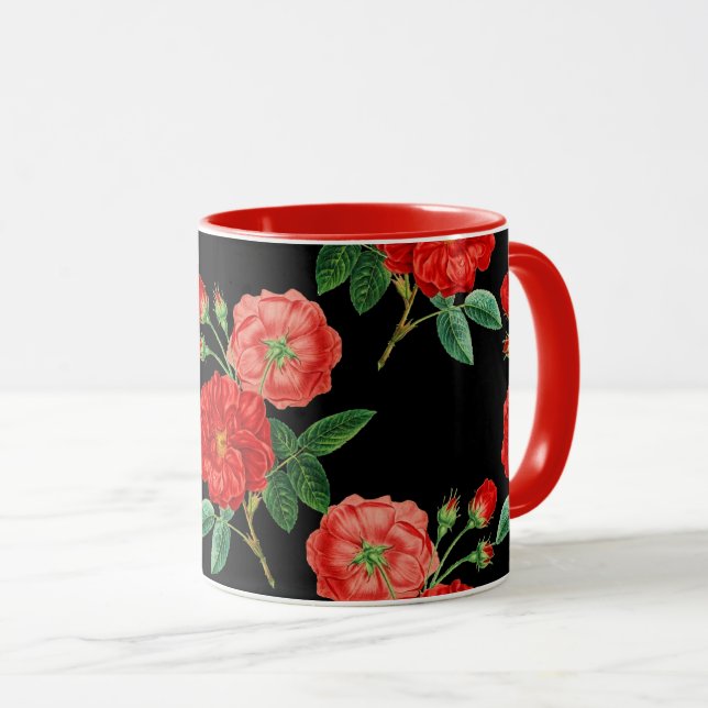 Rote Rosen, schwarzer Hintergrund, Tasse (VorderseiteRechts)