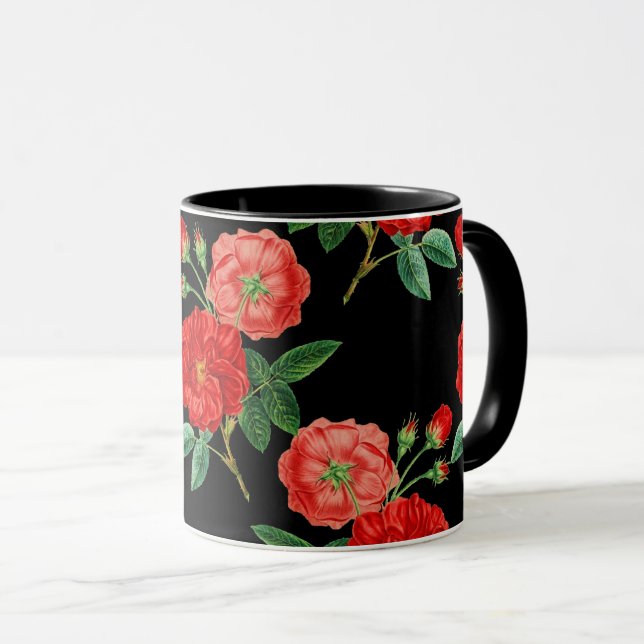 Rote Rosen, schwarzer Hintergrund, Tasse (VorderseiteRechts)