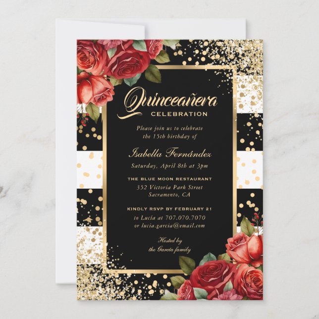 Rote Rosen Schwarzes Gold Elegantes Blumengestein  Einladung (Vorderseite)