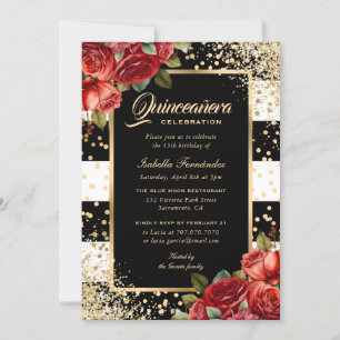 Rote Rosen Schwarzes Gold Elegantes Blumengestein Einladung