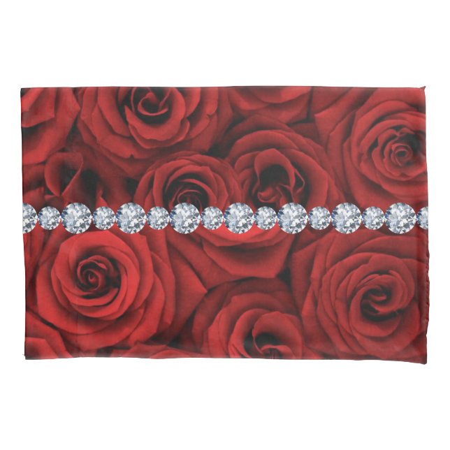 Rote Rosen Silber Diamanten Standardgröße Kissenbezug (Vorderseite)