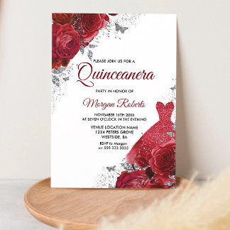 Rote Rosen Silbernes Kleid Quinceanera Einladung