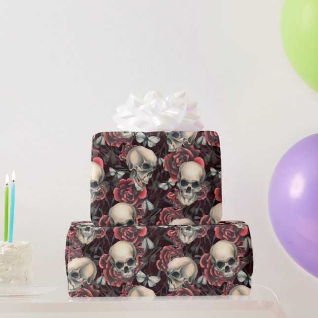 Rote Rosen & Skulls Halloween-Muster Geschenkpapier (Partygeschenke)