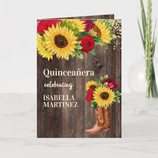 Rote Rosen Sonnenblumen Cowgirl Boots Quinceanera Karte (Vorderseite)