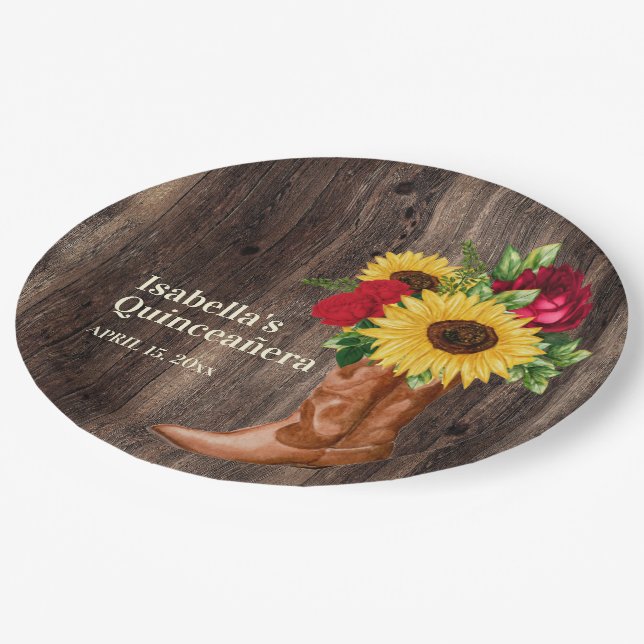 Rote Rosen Sonnenblumen Cowgirl Boots Quinceanera Pappteller (Schrägansicht)