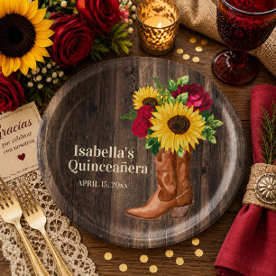 Rote Rosen Sonnenblumen Cowgirl Boots Quinceanera Pappteller