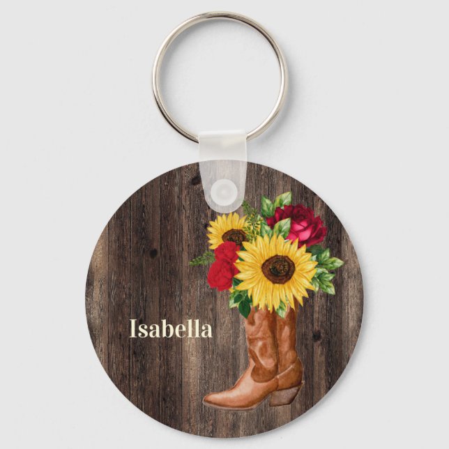 Rote Rosen Sonnenblumen Cowgirl Stiefel Name Schlüsselanhänger (Vorderseite)