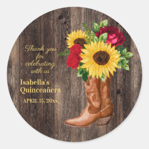 Rote Rosen Sonnenblumen Cowgirl Stiefel Quinceaner Runder Aufkleber