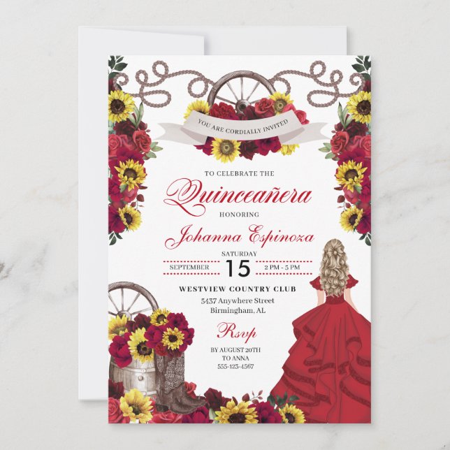 Rote Rosen Sonnenblumen Cowgirl Western Quinceaner Einladung (Vorderseite)