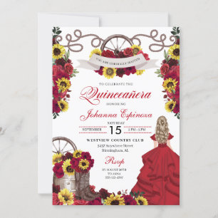 Rote Rosen Sonnenblumen Cowgirl Western Quinceaner Einladung