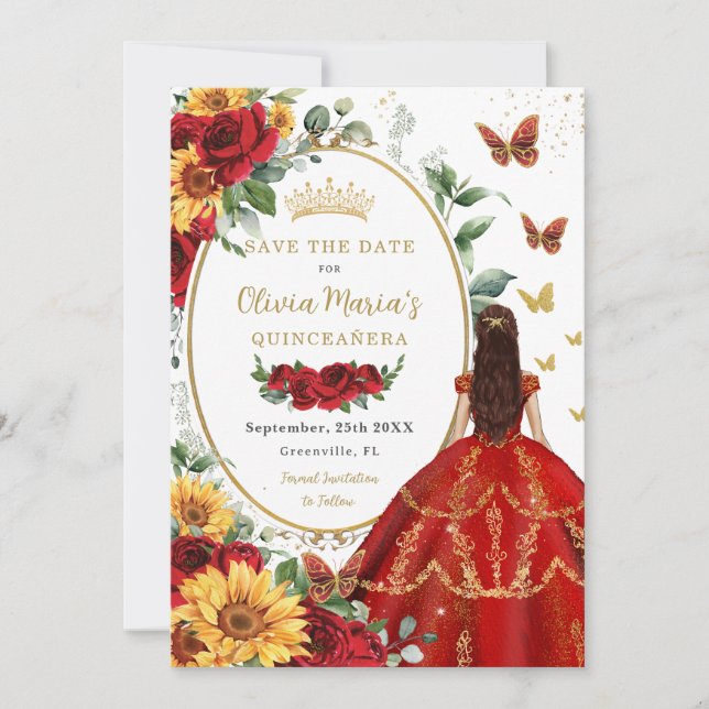 Rote Rosen Sonnenblumen Princess Gold Quinceañera Save The Date (Vorderseite)