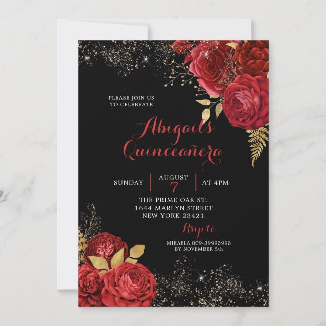 Rote Rosen Stiletto Floral Quinceañera Einladung (Vorderseite)