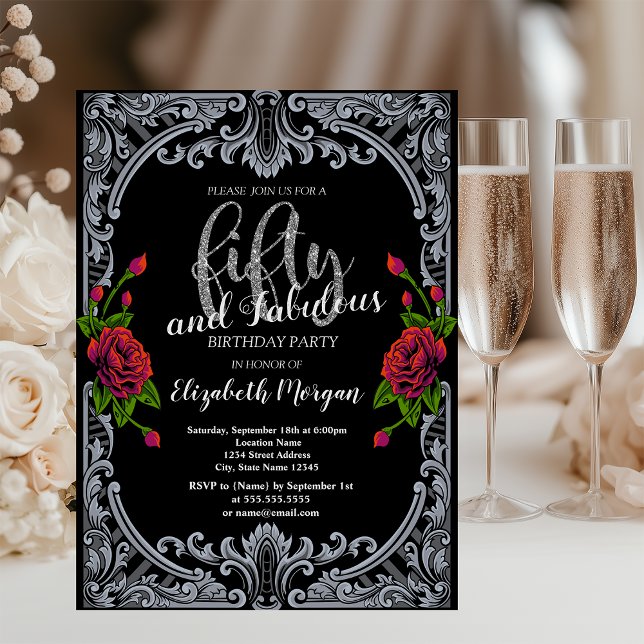 Rote Rosen, Streifen Gotik 50. Geburtstag Einladung (Von Creator hochgeladen)