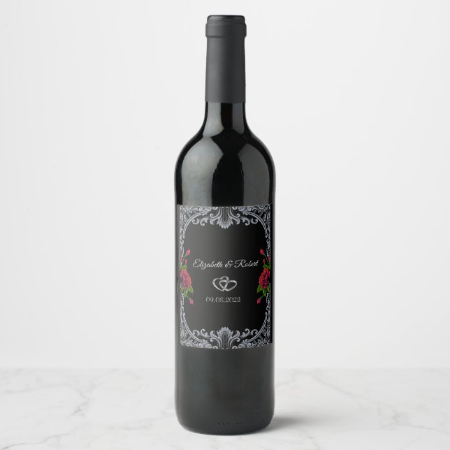 Rote Rosen, Streifen, gotische Hochzeit Weinetikett (Vorderseite)