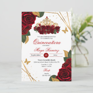Rote Rosen Tiara Gold Glitzer Quinceañera Einladung