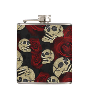 Rote Rosen & Totenköpfe Grau Schwarzes Florales Go Flachmann