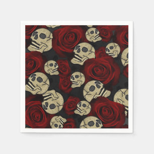 Rote Rosen & Totenköpfe Grau Schwarzes Florales Go Serviette