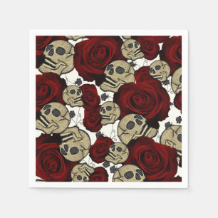 Rote Rosen & Totenköpfe Grau Schwarzes Florales Go Serviette