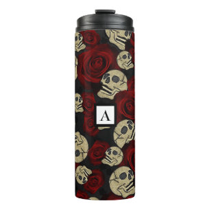 Rote Rosen & Totenköpfe Grau Schwarzes Florales Go Thermosbecher