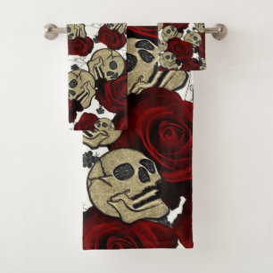 Rote Rosen & Totenköpfe Schwarze Blumen Gothic Wei Badhandtuch Set