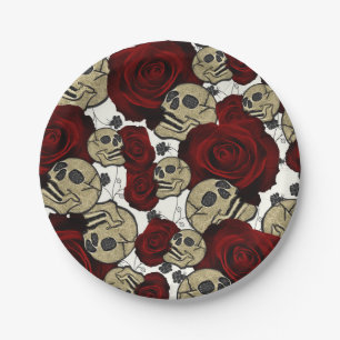 Rote Rosen & Totenköpfe schwarze florale gotische  Pappteller