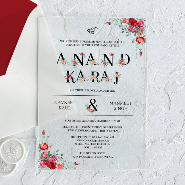 Rote Rosen Typografie Anand Karaj Sikh Wedding Acryleinladungen (Von Creator hochgeladen)