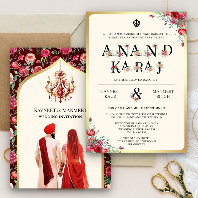 Rote Rosen Typografie Anand Karaj Sikh Wedding Einladung (Von Creator hochgeladen)