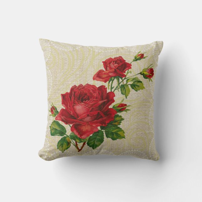 Rote Rosen u. Vintages mit Blumenkissen der Kissen (Vorderseite)