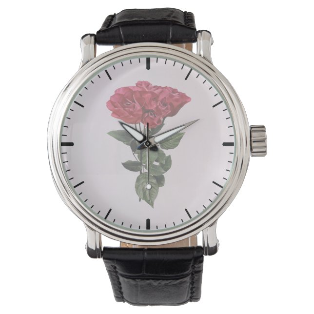 Rote Rosen und Blätter Armbanduhr (Vorderseite)