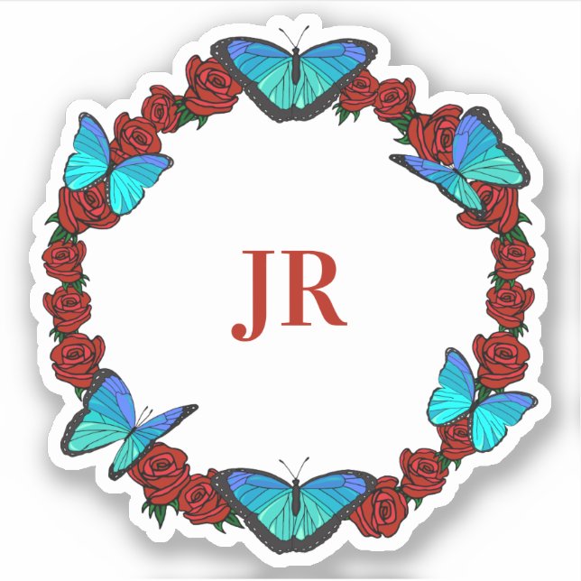 Rote Rosen und Blauer Schmetterling Monogramm Kran Aufkleber (Vorderseite)