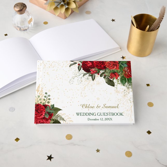 Rote Rosen und Confetti Wedding Gästebuch (Vorderseite Offen)