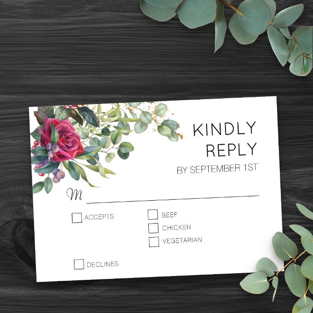 Rote Rosen und Eukalyptus Floral Wedding RSVP Karte (Romantic floral wedding RSVP card with entrees, from my Red Rose and Eucalyptus Wedding Collection)