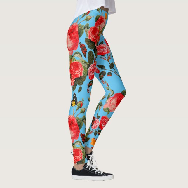 ROTE ROSEN UND GELBE SCHALTFLÄCHEN Blauer Blauer B Leggings (Rechts)