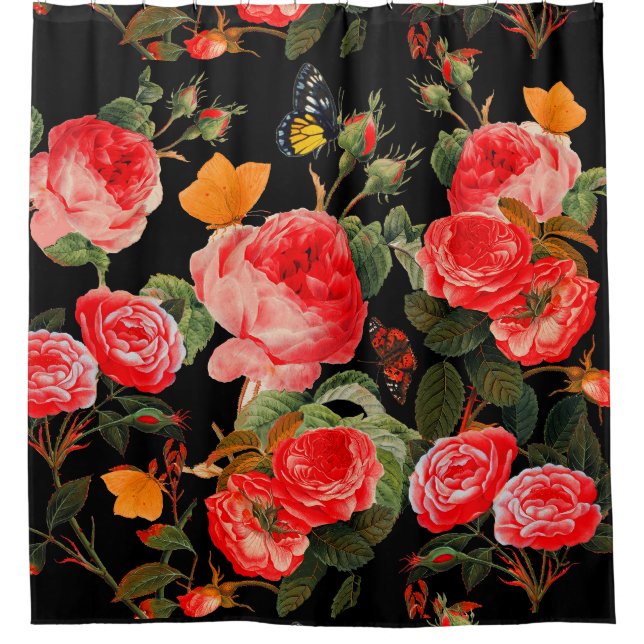 ROTE ROSEN UND GELBE SCHALTFLÄCHEN DUSCHVORHANG (Vorderseite)