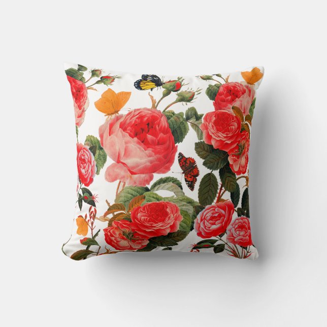 ROTE ROSEN UND GELBE SCHALTFLÄCHEN Weiße Blume Kissen (Vorderseite)