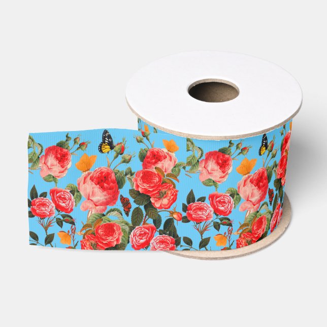 ROTE ROSEN UND GELBE SCHMETTERLINGE Blaue Blumen Ripsband (Spule)