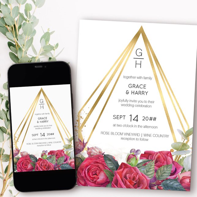 Rote Rosen und geometrische Hochzeitstile Einladung (Monogram wedding invitation from my Red Rose and Eucalyptus collection)
