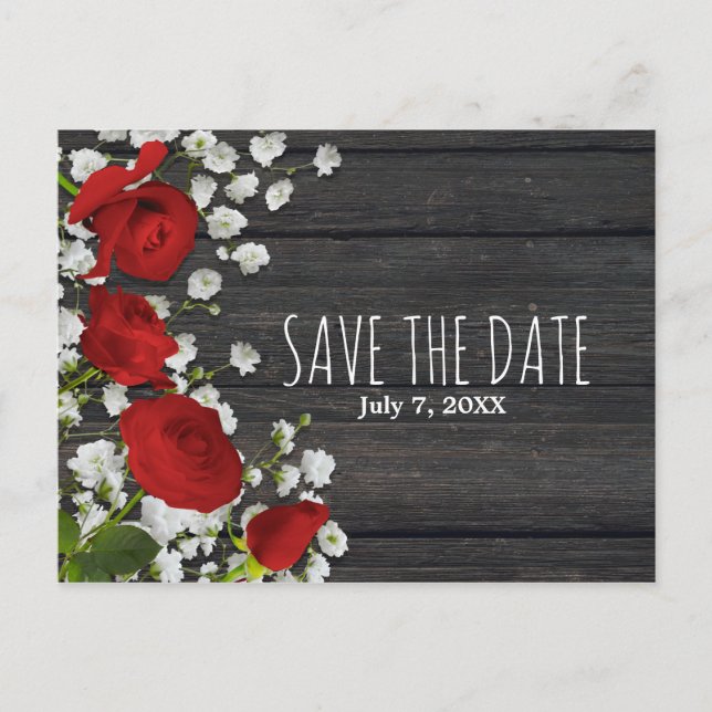 Rote Rosen und Gipskraut Save the Date auf Holz Ankündigungspostkarte (Vorderseite)
